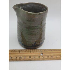 Handcrafted Ceramic Pitcher Signed Green Blue Detailing primitive